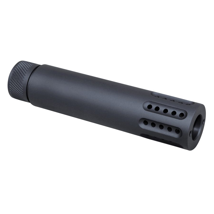 Black cylindrical firearm suppressor with textured mounting collar and precision-engineered vented ports.