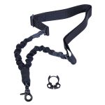 Black tactical single-point sling with bungee, metal snap hook, and sling mount adapter.
