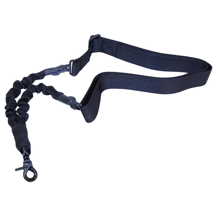 Navy blue tactical single-point sling, adjustable, durable nylon, bungee flex, secure metal hook.
