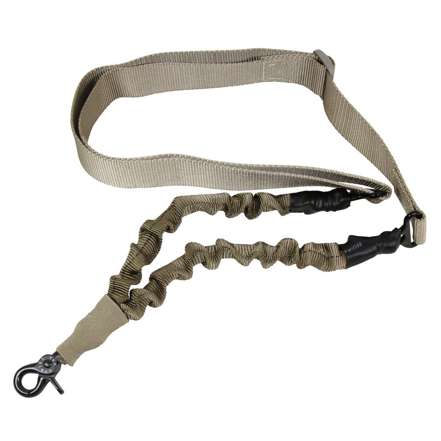 Tan tactical sling with bungee, quick-detach metal hook, for flexible firearm handling.