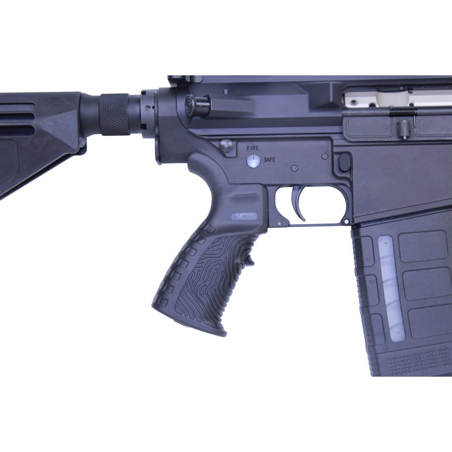 Close-up of ergonomic AR-style rifle components: grip, trigger, adjustable stock in black finish.