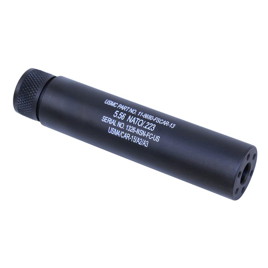 Matte black 5.56 NATO fake suppressor with USMC-style markings and knurled tip.
