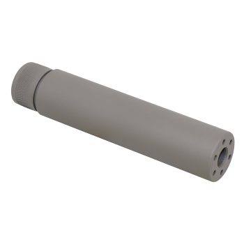 Cerakote flat dark earth firearm fake suppressor, knurled grip, circular ports, tactical design, white background.