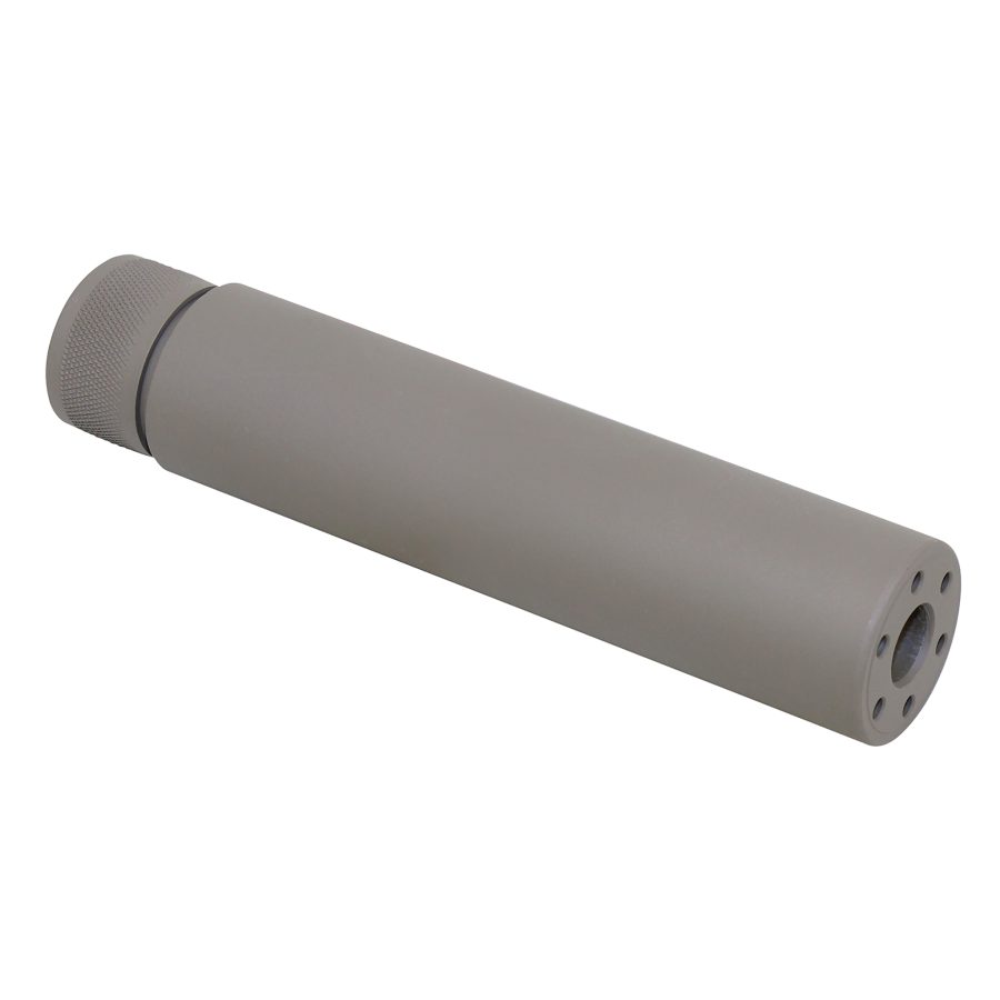 Cerakote flat dark earth firearm fake suppressor, knurled grip, circular ports, tactical design, white background.