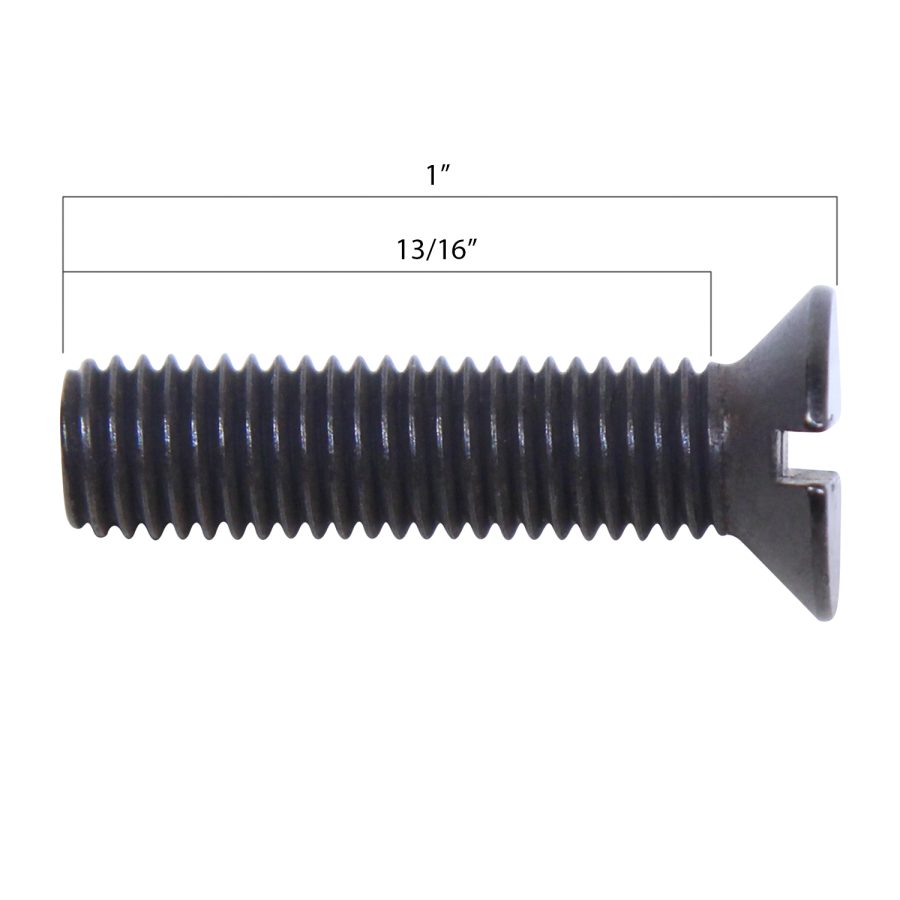 Close-up of black 1-inch flathead machine screw with measurements and flush-fit design.