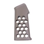 Tactical polymer grip with ergonomic honeycomb design in desert tan for AR-style rifles.