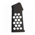 Ergonomic black pistol grip with hexagonal design for improved grip and reduced weight.