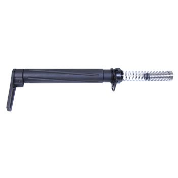 Black tactical folding stock with ribbed grip and exposed silver buffer spring for compact firearms.