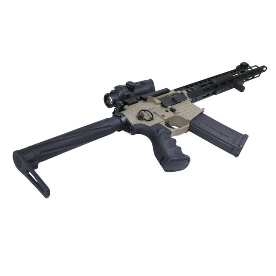 Two-tone AR-style rifle with tactical accessories on white background.