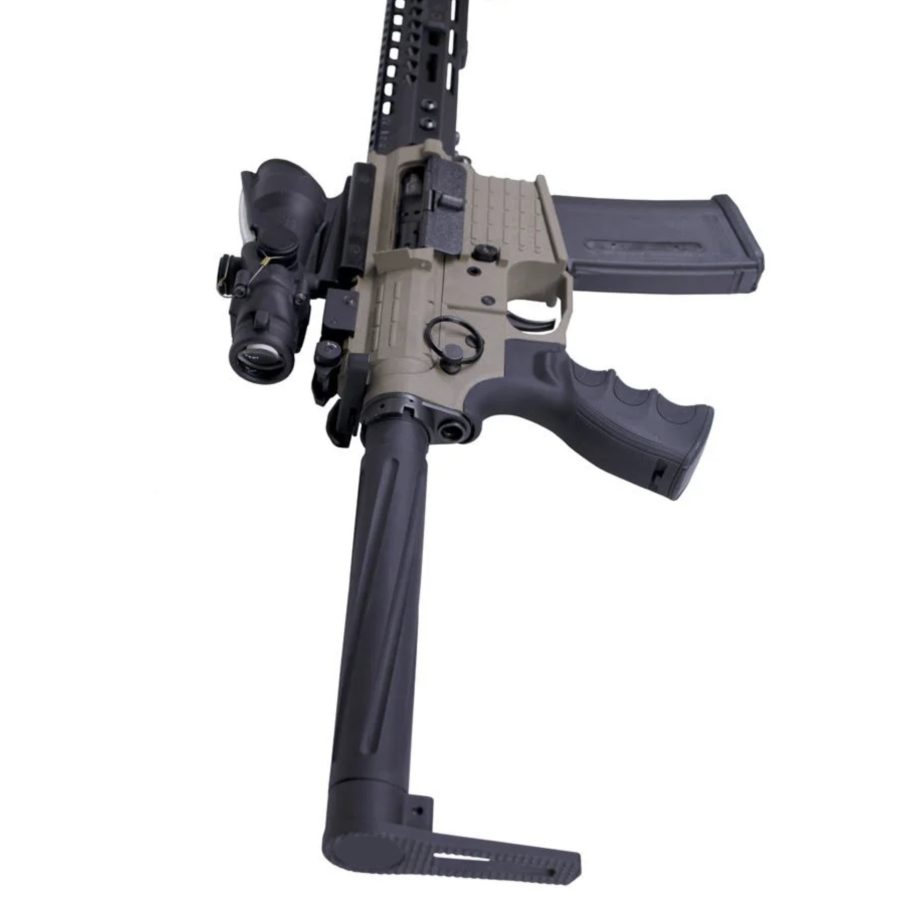 Two-tone AR-style rifle with scope, rail system, ergonomic grip, and collapsible stock.