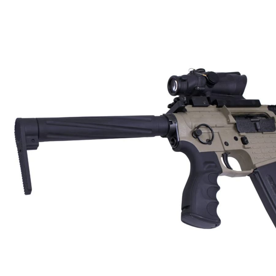 Two-tone tactical rifle with optic, folded stock, ergonomic grip, and black/tan components.