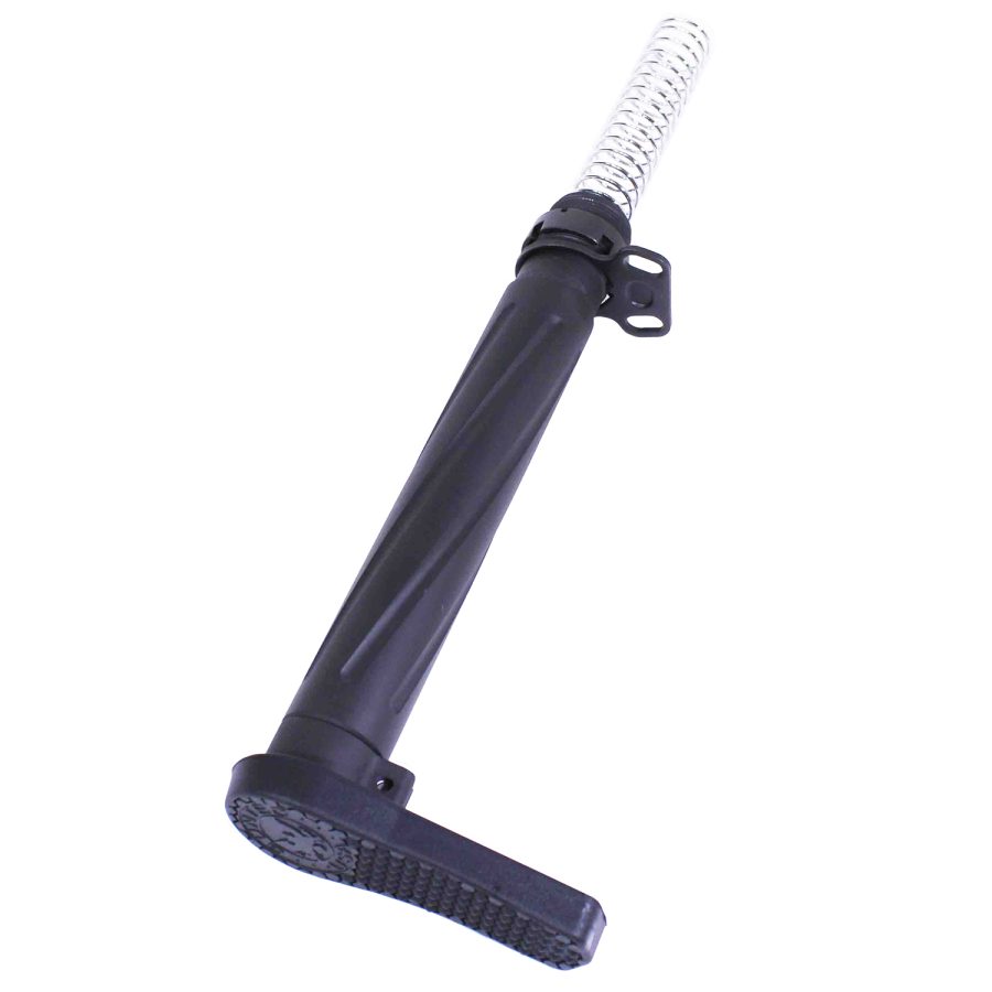 Black AR rifle buffer tube assembly with spring, mil-spec diameter, mounting bracket, and textured buttpad.
