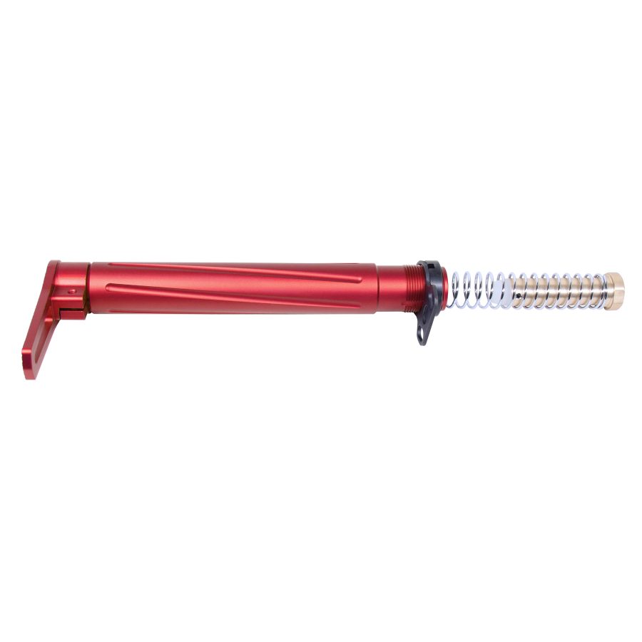Red anodized AR rifle buffer tube assembly with folding stock and dual-colored coil spring.