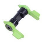 Quick-release clamp with green grips for tool-free adjustments in technical equipment setups.