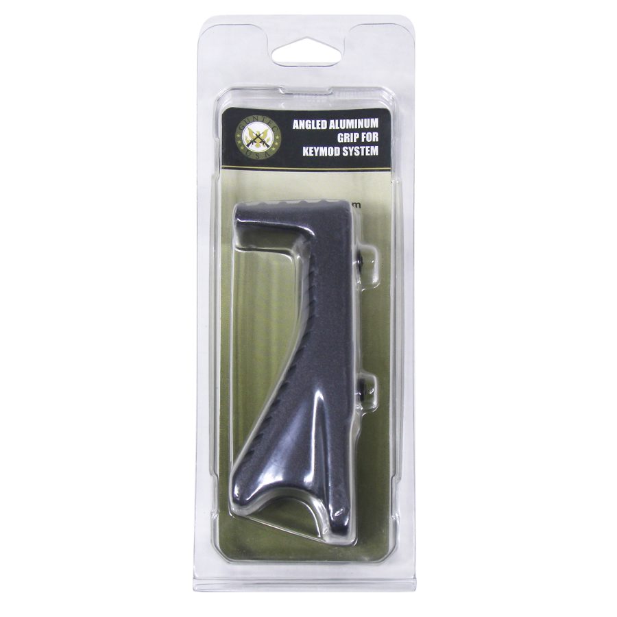 Packaged tactical angled charging handle for AR-15, featuring ergonomic design and military-themed packaging.