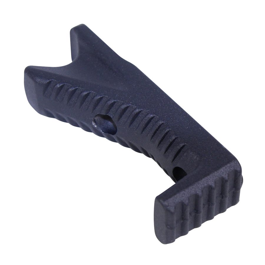 Ergonomic tactical foregrip for firearms with durable polymer, ridged for secure handling.