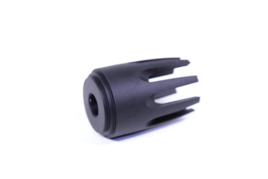 Black metal flash hider with prongs for gas redirection on firearms.