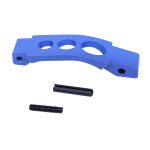 Bright blue metal bracket with holes, pin, and bolt for precise firearm mounting.