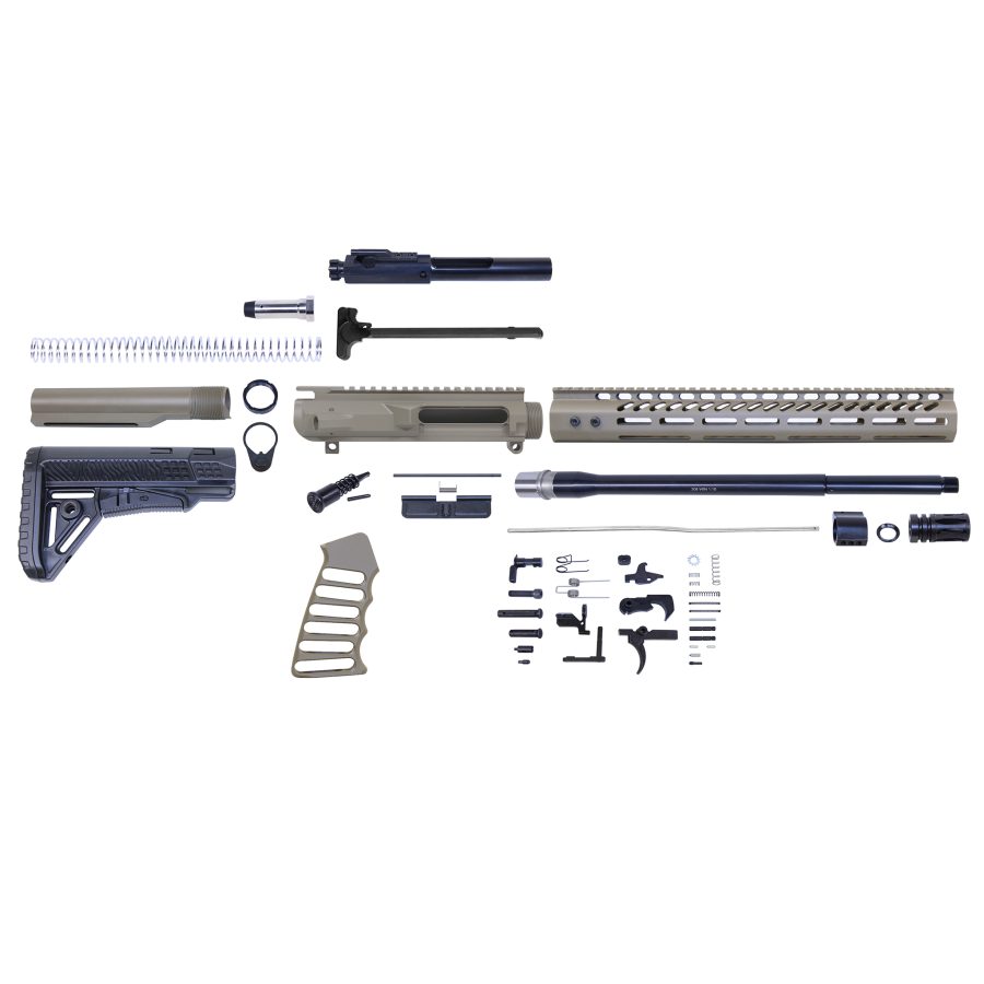 AR-15 rifle kit components laid out for assembly, highlighting parts like upper receiver and trigger assembly.
