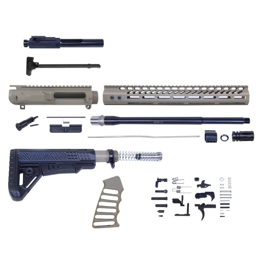 Comprehensive rifle build kit layout showcasing all components for assembly on white background.