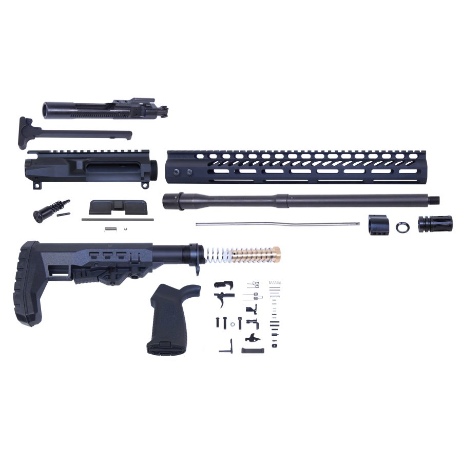 Disassembled AR rifle kit parts organized neatly on a white background for assembly.