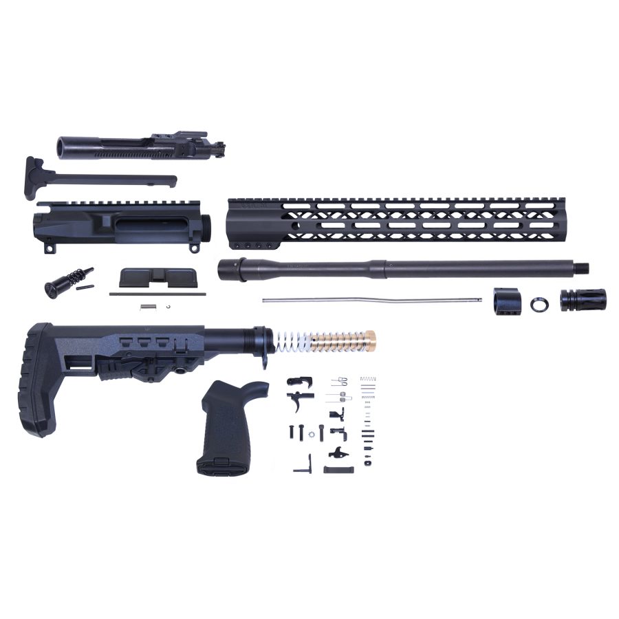 Exploded view of disassembled rifle kit with matte black components on a white background.