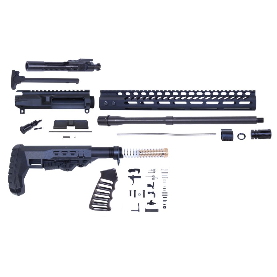 Disassembled AR-15 rifle parts kit organized on white background, showcasing assembly components.