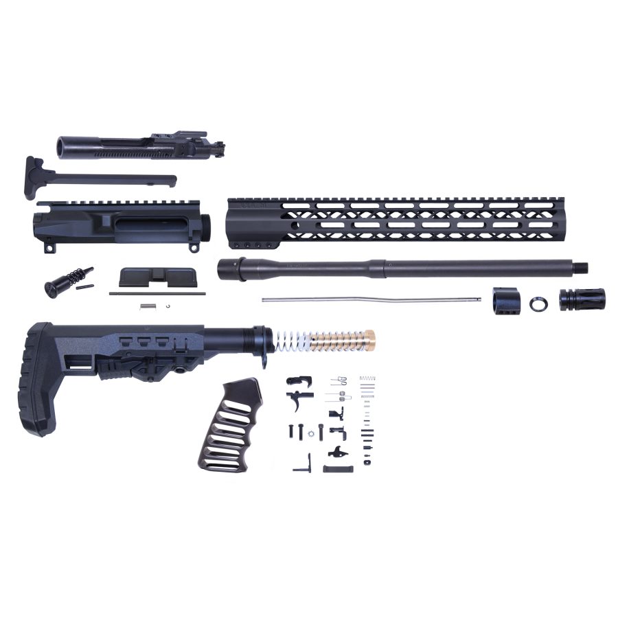 Disassembled AR-15 rifle kit with matte black parts, includes bolt carrier, barrel, and stock.