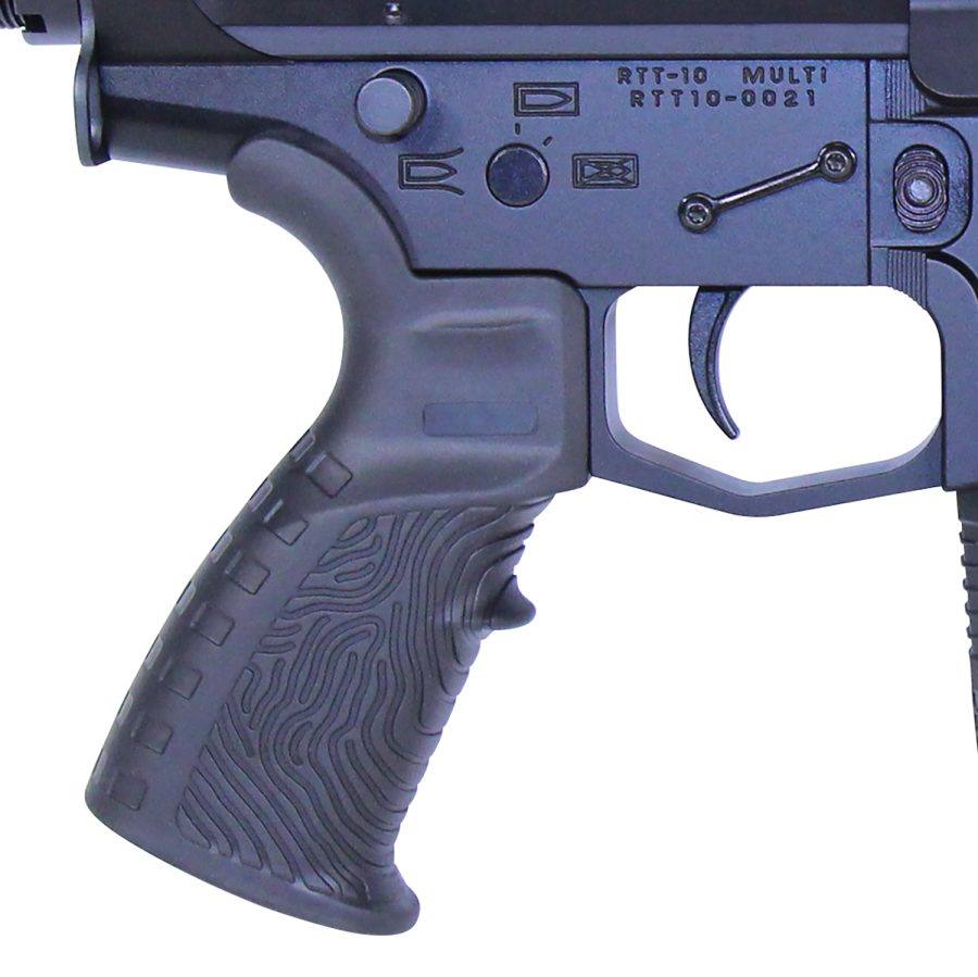 Close-up of RTT-10 rifle grip and lower receiver, showcasing ergonomic design and craftsmanship.