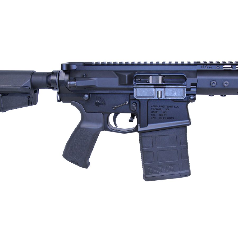 Black AR-style carbine rifle with pistol grip, picatinny rail, and high-capacity magazine.