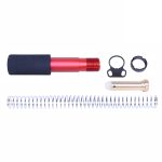 Red anodized buffer tube kit with recoil spring, sling attachment, castle nut, and gold buffer.