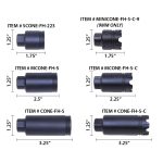 Comprehensive selection of sleek black firearm flash hider attachments, varying in length and caliber.