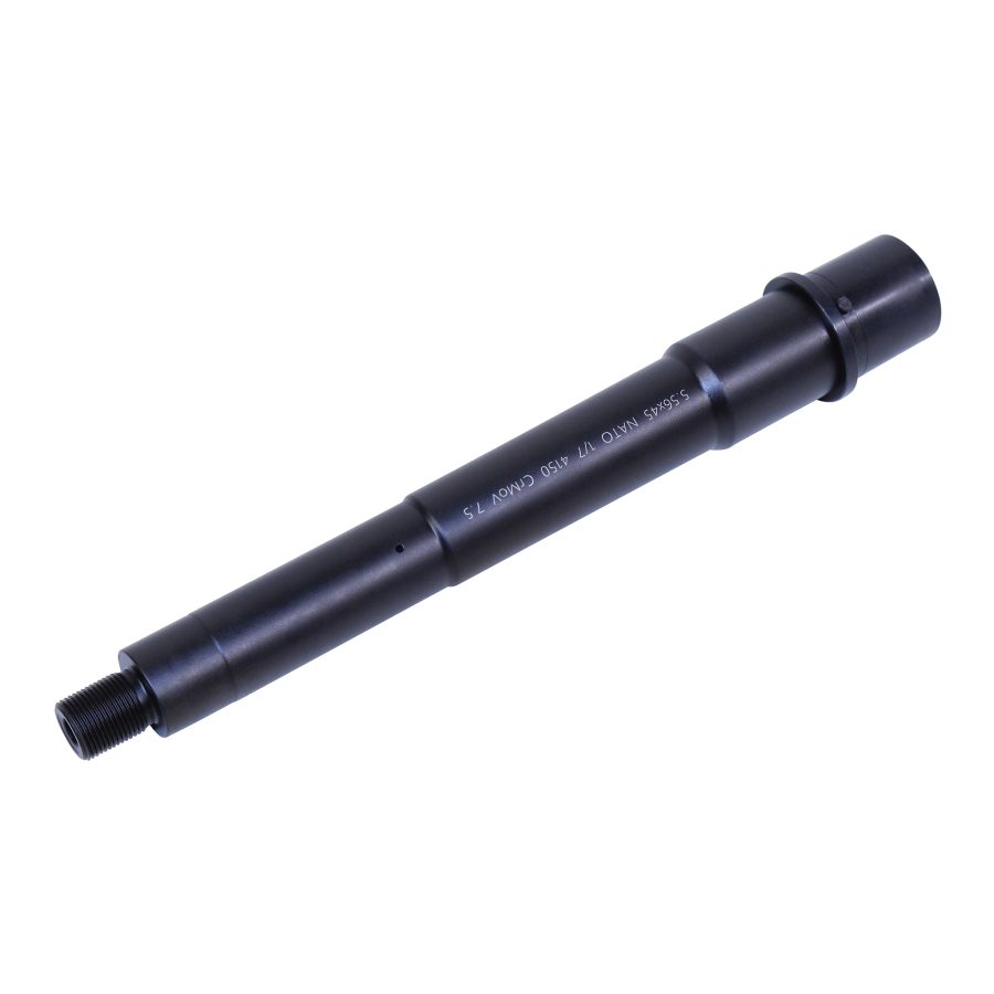 Black precision-engineered metal tube, matte finish, engraved text, threaded end, high manufacturing quality.