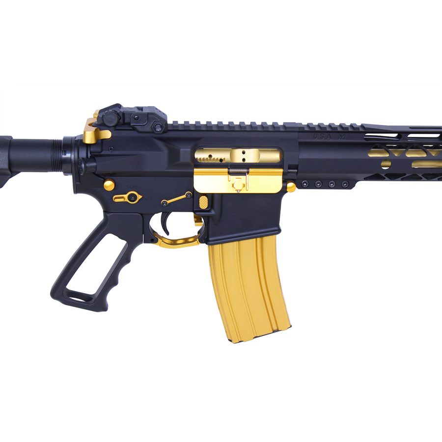 Black and Gold AR-Style Rifle with Ergonomic Design and Elegant Accents.