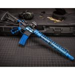 Custom blue and black AR-15 rifle with shooting accessories, highlighted in a professional setup.