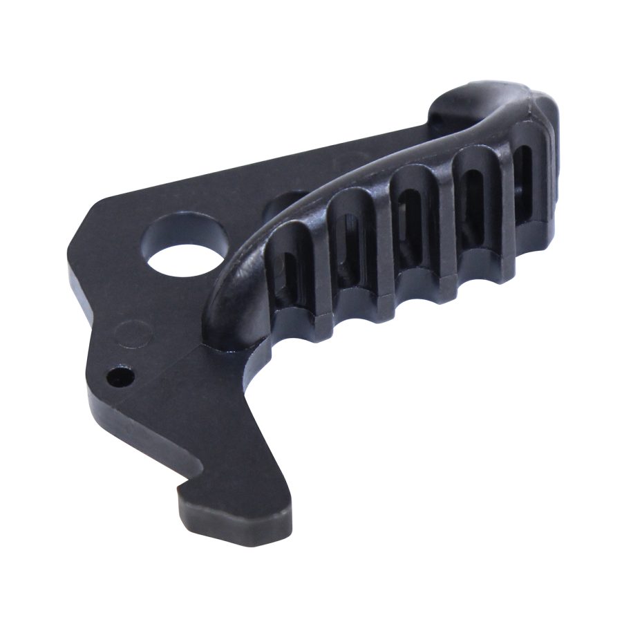 Black anodized aluminum firearm grip with ribbed ergonomic design for enhanced control.