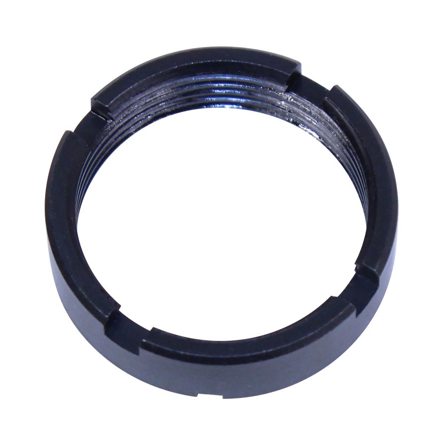 High-quality black metallic locking ring with notches and threading for secure component assembly.