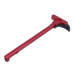 Red anodized AR-15 charging handle with ergonomic latch for firearm customization.