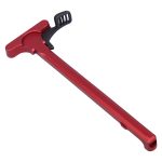 Red anodized AR-15 charging handle with ambidextrous latch, ergonomic design, and durable aesthetics.