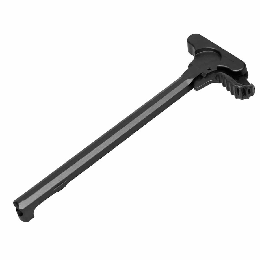 Black anodized AR-15 charging handle with T-shaped design and extended latch for better grip.