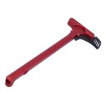 Metallic red AR-15 charging handle with ergonomic design and black ridged latch.