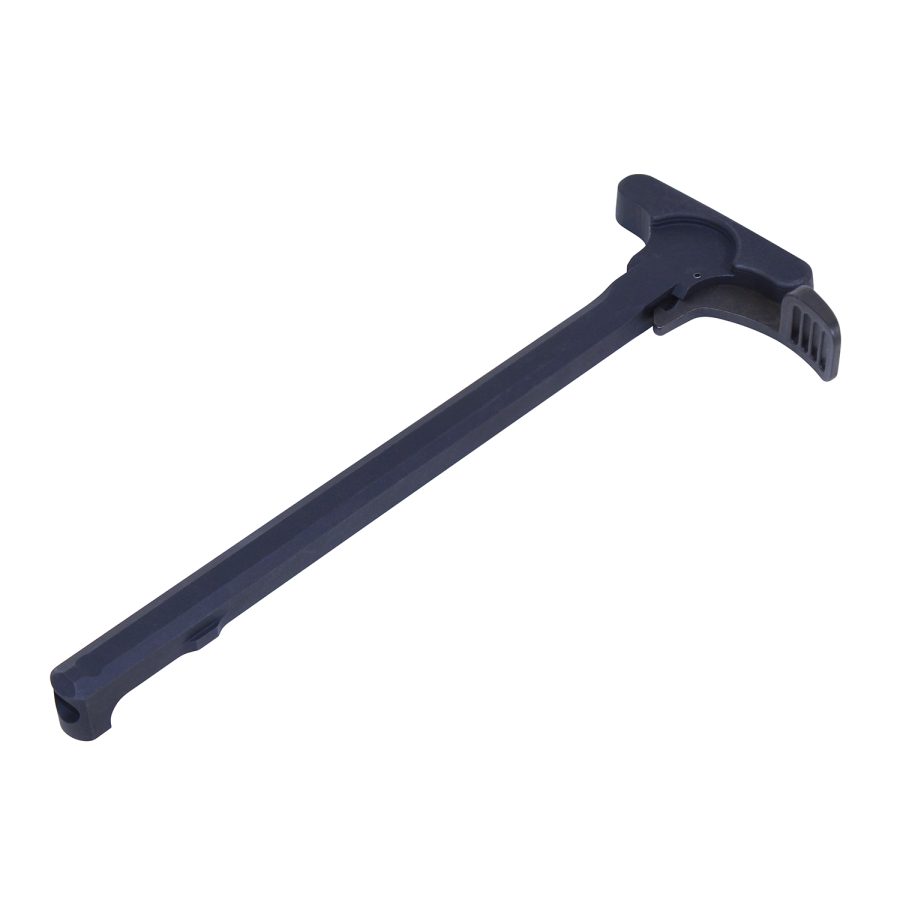 Matte black AR-15 charging handle with textured latch on white background.