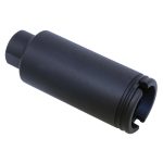 Anodized matte black muzzle device for firearms with tapered, textured design and precision-engineered threading.