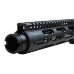 Matte black tactical firearm handguard with ventilation cutouts and Picatinny rail for mounting accessories.