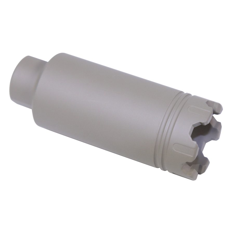 Silver metal hole saw drill bit with machined grooves and sharp cutting teeth.