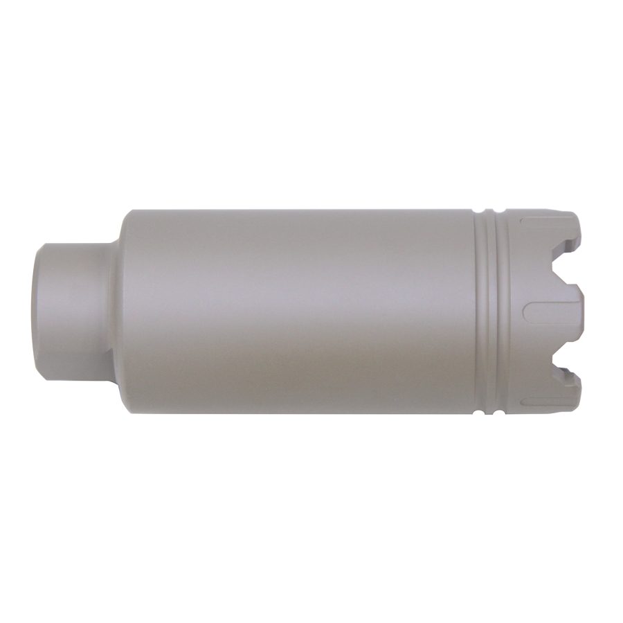 Cylindrical firearm suppressor with notched ends and grooves for performance and easy installation.