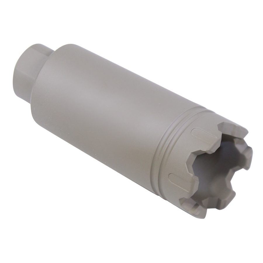 Tactical muzzle device with pronged design reduces flash and recoil, enhancing firearm performance.