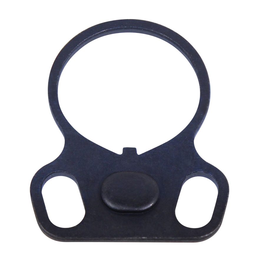 Black anodized metal sling adapter with circular ring, oval cutouts, and central button for firearms.