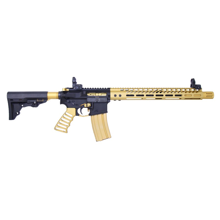 Modern tactical rifle with black and gold accents, M-LOK handguard, and adjustable stock.
