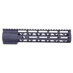 Black tactical rifle handguard with Picatinny rail, KeyMod/M-LOK slots, and heat-dissipation cutouts.